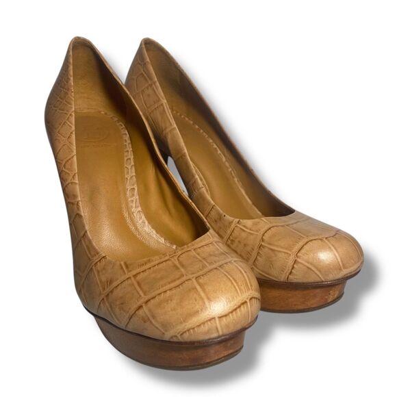 Tory Burch Women Tan Brown Croc Embossed Leather Platform Pumps Heels Size 8 M - Picture 3 of 16